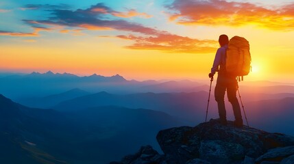 Hiker Silhouette Against Sunrise Landscape