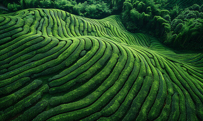 Fototapeta premium Aerial view of a tea plantation with a pattern in the shape of lines and circles on a green field background in a top down view.