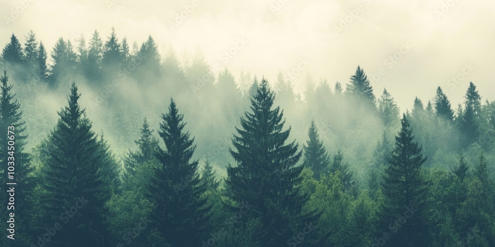 Poster misty, fog-covered mountain scenery featuring a fir forest and copyspace in a vintage retro hipster 