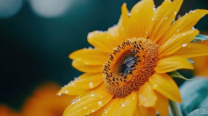 A close-up of a vibrant yellow sunflower with water droplets on its petals. The sunflower is in focus, while the background is blurred, creating a soft and dreamy effect.