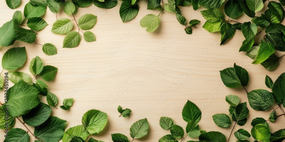 Aufkleber Frame crafted from green leaf branches on a soft wood backdrop. Flat lay, top view. Copy space.