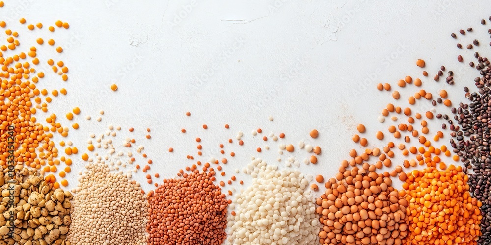 Poster a selection of dried foods set against a white background. top view of legumes with copyspace for te