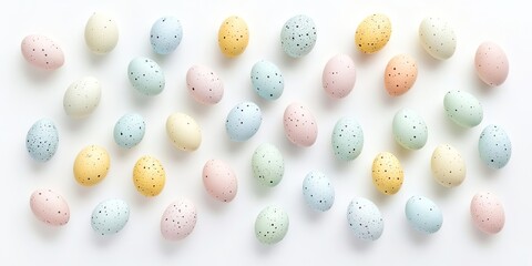 A collection of multi-colored pastel mini eggs symbolizing Easter, set against a white background.