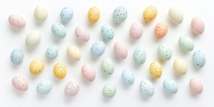 A collection of multi-colored pastel mini eggs symbolizing Easter, set against a white background. - Powered by Adobe