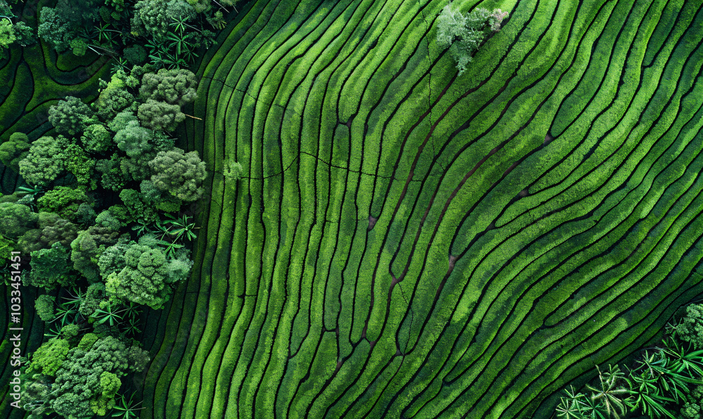 Poster aerial view of a tea plantation with a pattern in the shape of lines and circles on a green field ba