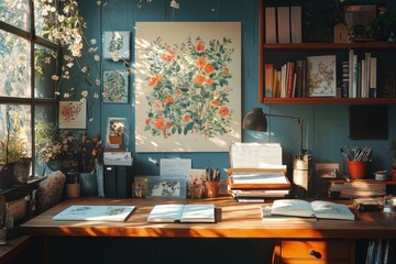 Vintage, creative home office interior with wooden desk, notebooks, romantic illustrations of plants, table lamp and office accessories. Stylish space, Generative AI