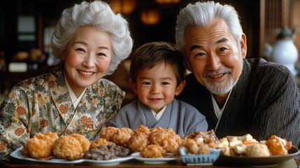  joyful moment captured with a loving Japanese family, featuring grandparents and their grandchild dressed in beautiful traditional attire.