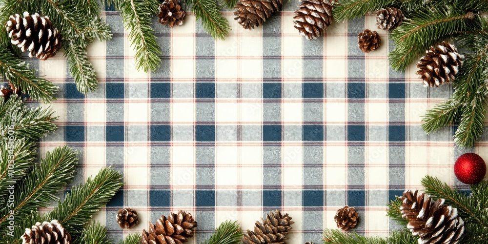 Aufkleber Christmas New Year frame in flat lay style featuring a top view of Christmas decorations such as cones and fir branches on a checked background, with space for your text.