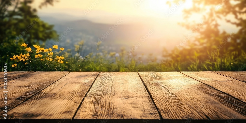 Aufkleber An empty wooden countertop set against a hazy natural backdrop. Spring and summer scene. Bokeh effect. A bright day. Copyspace.