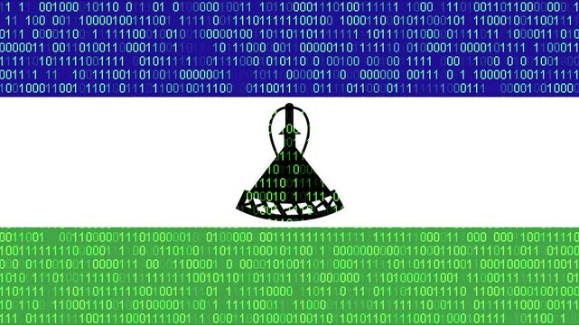 Binary code on flag of Lesotho. Program source code or Hacker concept on Lesothan flag. Lesotho digital technology security, hacking or programming