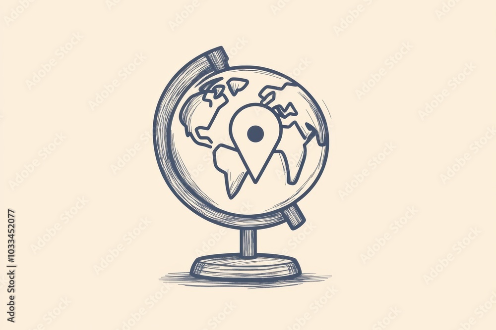 Leinwandbilder The design features a minimalist globe with a prominent location pin, emphasizing a specific travel destination in a clean style. Generative AI