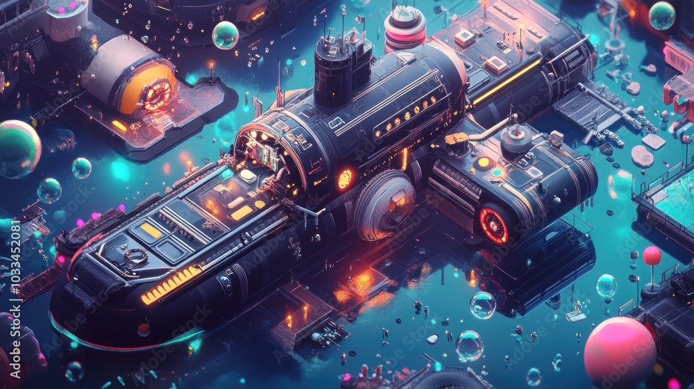 Poster A futuristic, isometric illustration of a spaceship with glowing lights, surrounded by abstract orbs and geometric shapes, creating a surreal and otherworldly atmosphere.