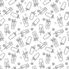 Sketch seamless pattern with drinks in glasses, straws, ice and citrus fruits. Black and white outline drawing on white background, perfect for packaging, background or decoration.