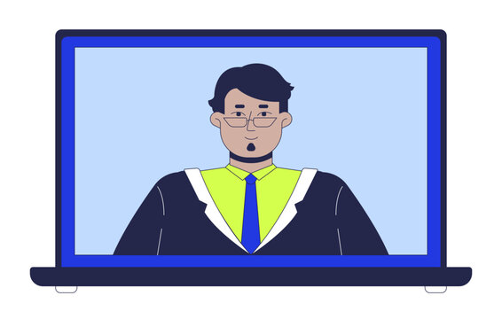 recommend clip art: Arab man glasses formal on laptop screen 2D cartoon object. Middle eastern male suit businessman video call on notebook isolated element flat vector clipart on white background. Spot illustration