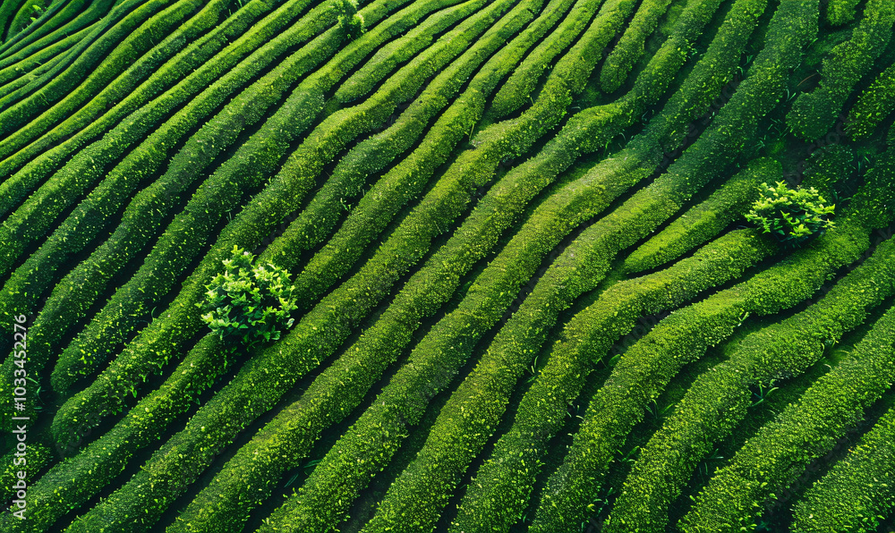 Poster aerial view of a tea plantation with a pattern in the shape of lines and circles on a green field ba