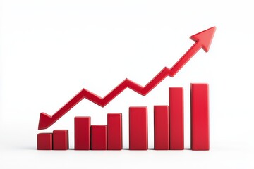 Red upward arrow graph showing rising trend, on white background 