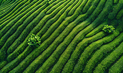 Aerial view of a tea plantation with a pattern in the shape of lines and circles on a green field background in a top down view.



