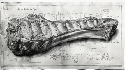 An anatomical drawing of meat cuts is laid out on paper with labels. Concept of diagrammatic representation. For cookbook design or educational material.