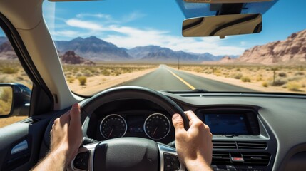 Naklejka premium Hands grip a steering wheel as a car navigates a picturesque desert highway, embodying adventure and freedom of the open road.