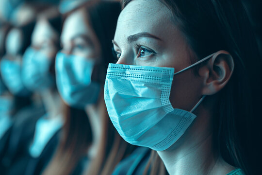 Covid global sefety campaign, Generative AI photo of people in protective facial mask quarantine pandemia - Powered by Adobe