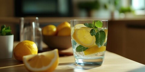 Fototapeta premium Healthy drinks: Infused water involves adding lemon to water, which provides a natural flavor and offers numerous holistic benefits for the body. on the table, copy space, background, beverage