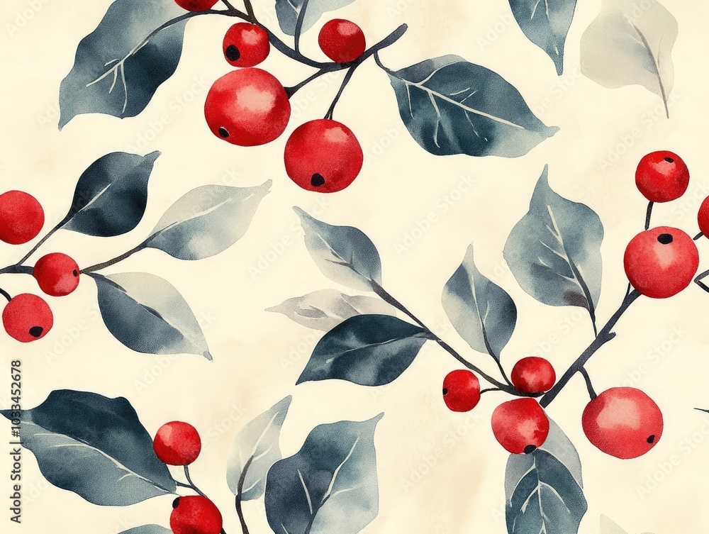 Poster minimalist watercolor of holly leaves and red berries scattered on a light cream background with sof