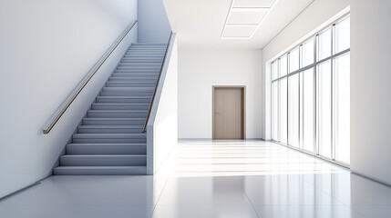 Obraz premium A clean, white, modern interior of an office building with a staircase, door, and window
