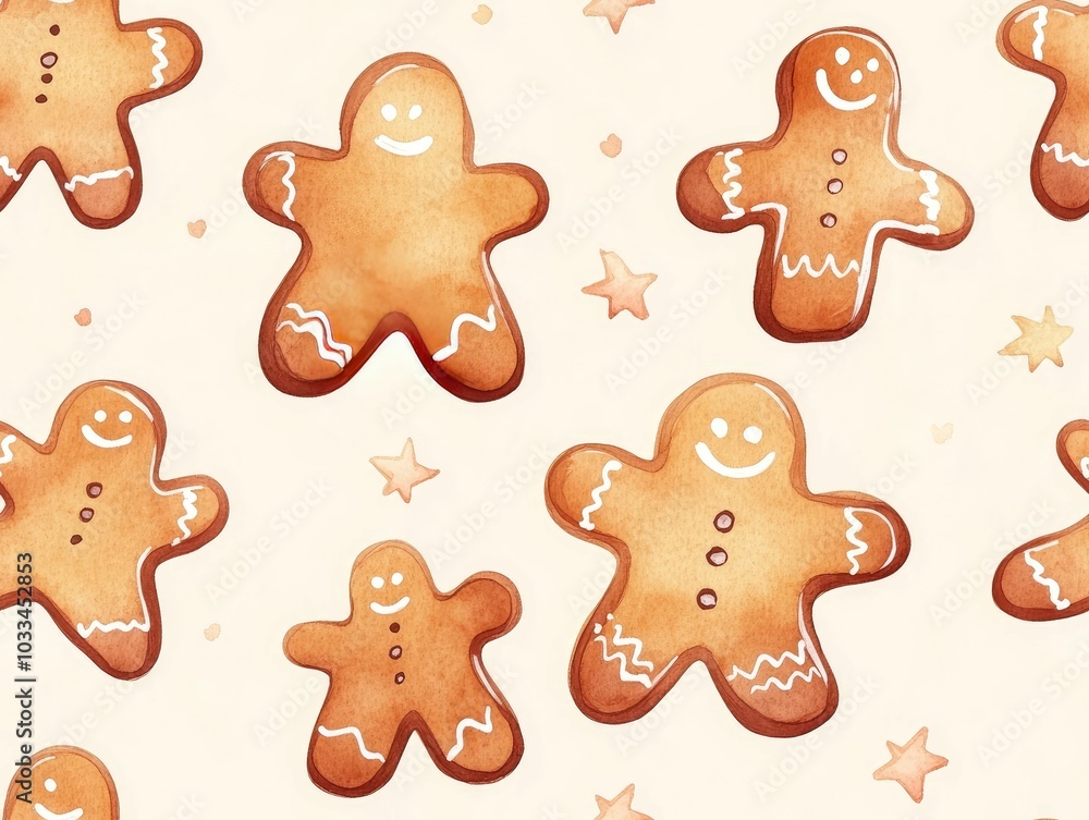 Poster watercolor of various gingerbread cookie shapes in soft pastel holiday tones scattered over a light 