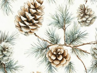 Fototapeta premium Minimalist watercolor of pine branches and pinecones in soft green and brown tones creating a seamless airy and botanical pattern design for holiday Christmas or home decor use