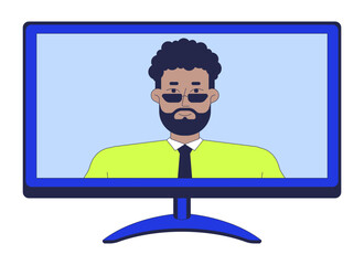 Black male manager on screen computer monitor 2D cartoon object. African american man shirt tie on video call display isolated element flat vector clipart on white background. Spot illustration