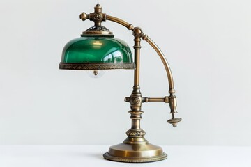 Antique Brass Desk Lamp with Green Glass Shade Isolated On White Background