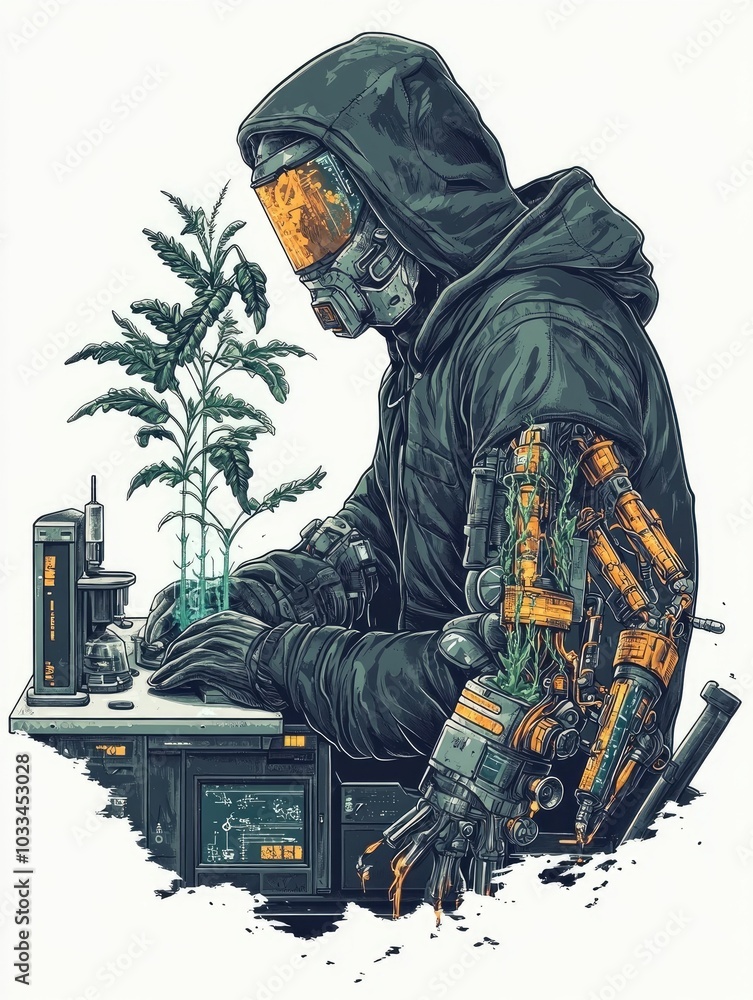 Aufkleber a digital depicting a biohacker working in a futuristic laboratory setting with cybernetic plants gr