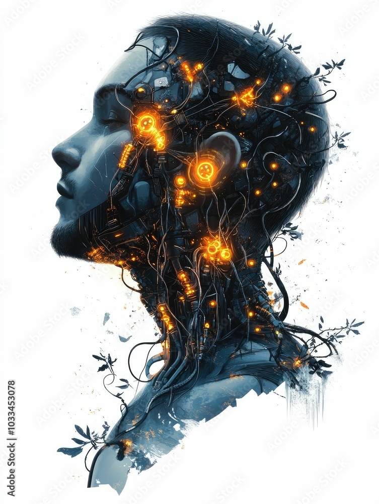 Aufkleber biohacker with glowing cybernetic implants and organic vines in a biopunk style experimental design 