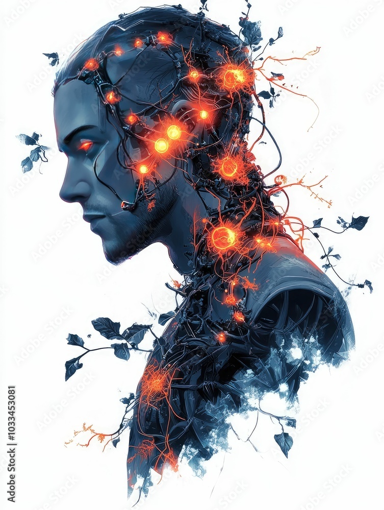 Poster digital art portrait of a biohacker character with glowing cybernetic implants and experimental biop