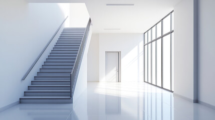 Fototapeta premium A clean, white, modern interior of an office building with a staircase, door, and window