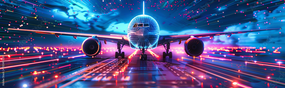 Poster digital airplane soaring through a futuristic sky filled with data and graphs, showcasing advanced f