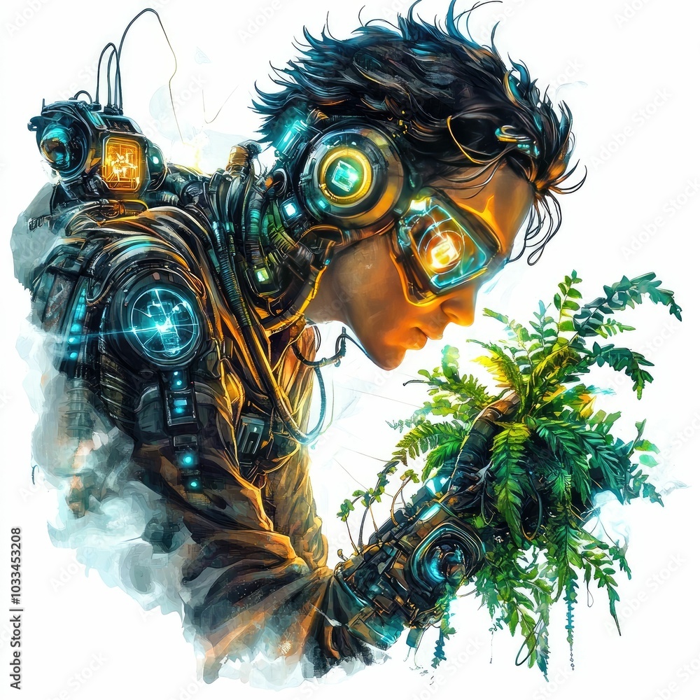 Aufkleber biohacker merges with robotic plant in biopunk experimental design glowing details futuristic hybrid