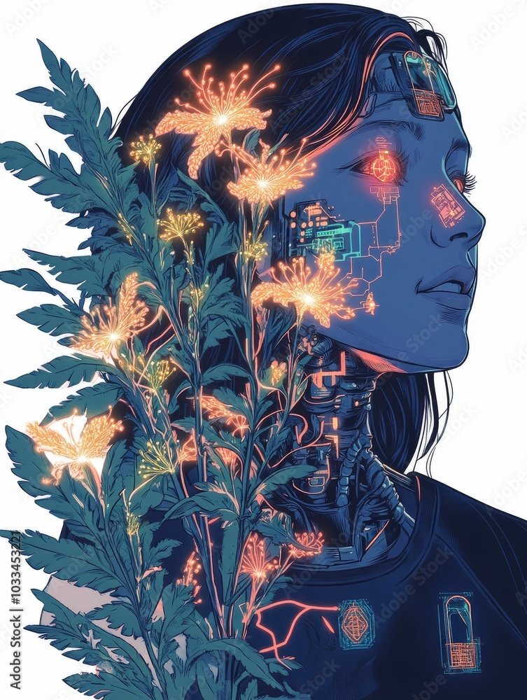 Poster conceptual digital of a futuristic biohacker controlling genetically modified glowing plants and flo