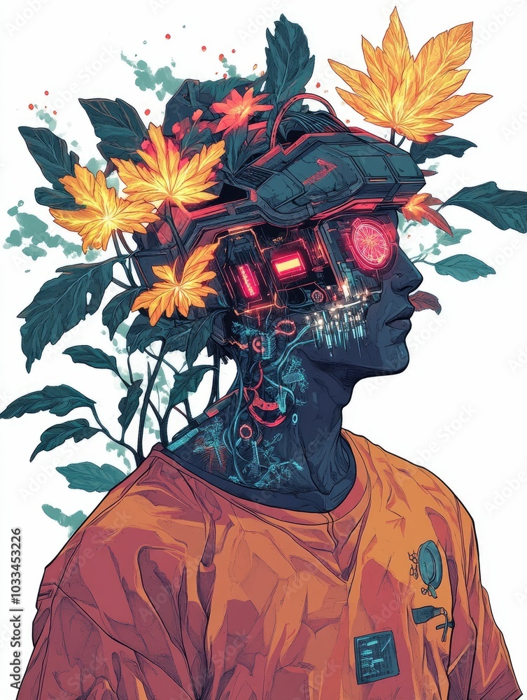 Poster futuristic of a biohacker controlling genetically modified plants through cyber implants showcasing 