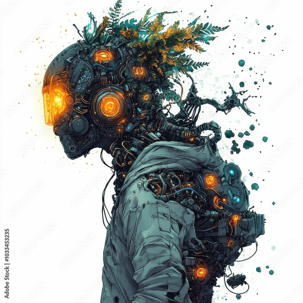 Aufkleber biohacker figure merging with a robotic plant in a biopunk and organic experimental digital design w