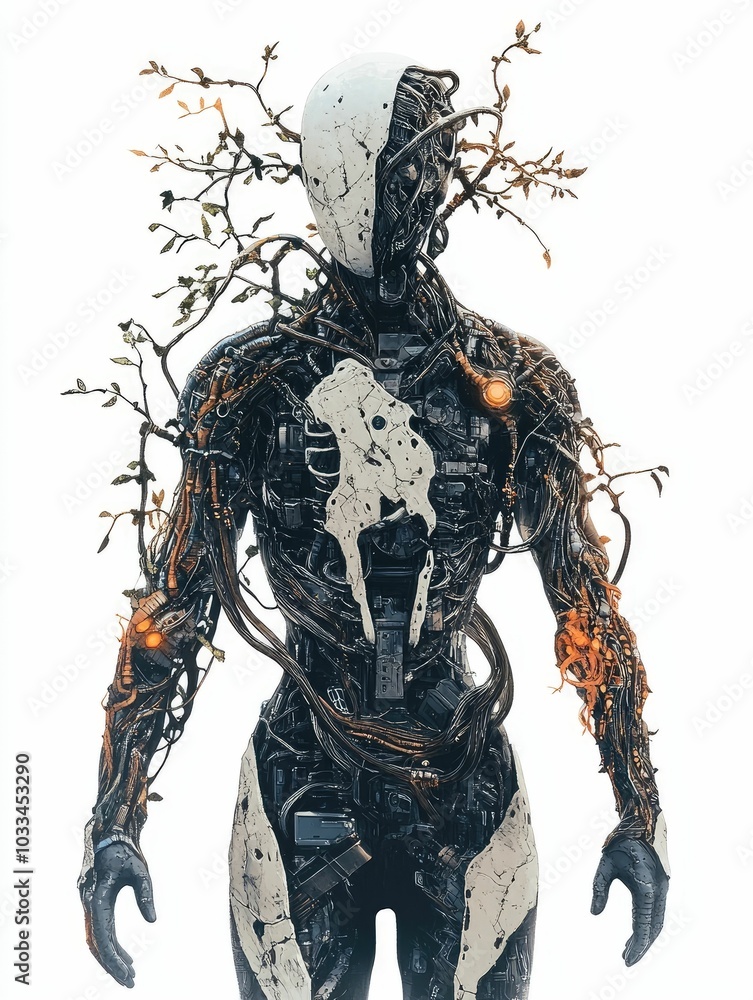 Aufkleber cybernetic biopunk figure with mechanical vines and organic elements futuristic biohacker design con