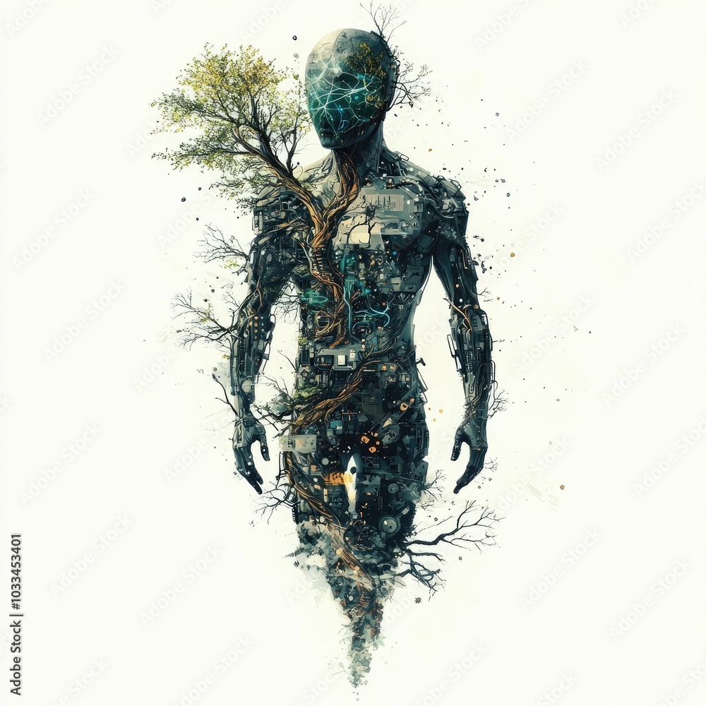 Aufkleber surreal digital art depicting a human figure fused with a cybernetic tree showcasing a biopunk bioha