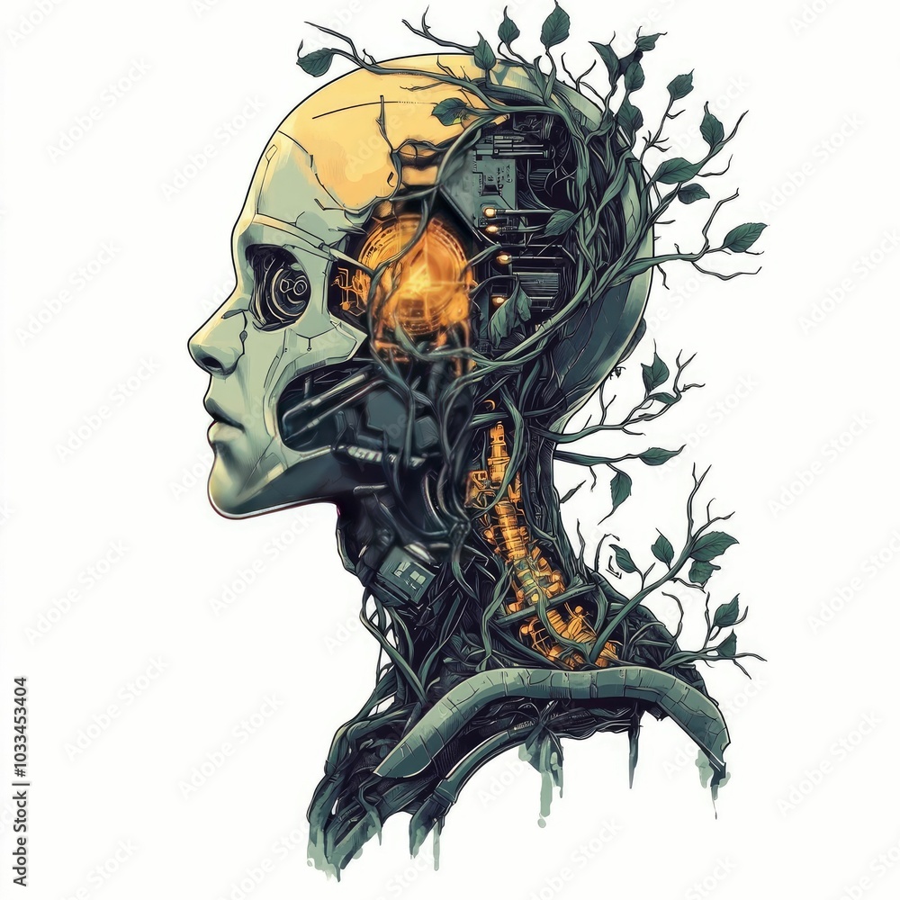 Aufkleber a conceptual depicting a futuristic biohacker figure with organic vines and plant growth emerging fr