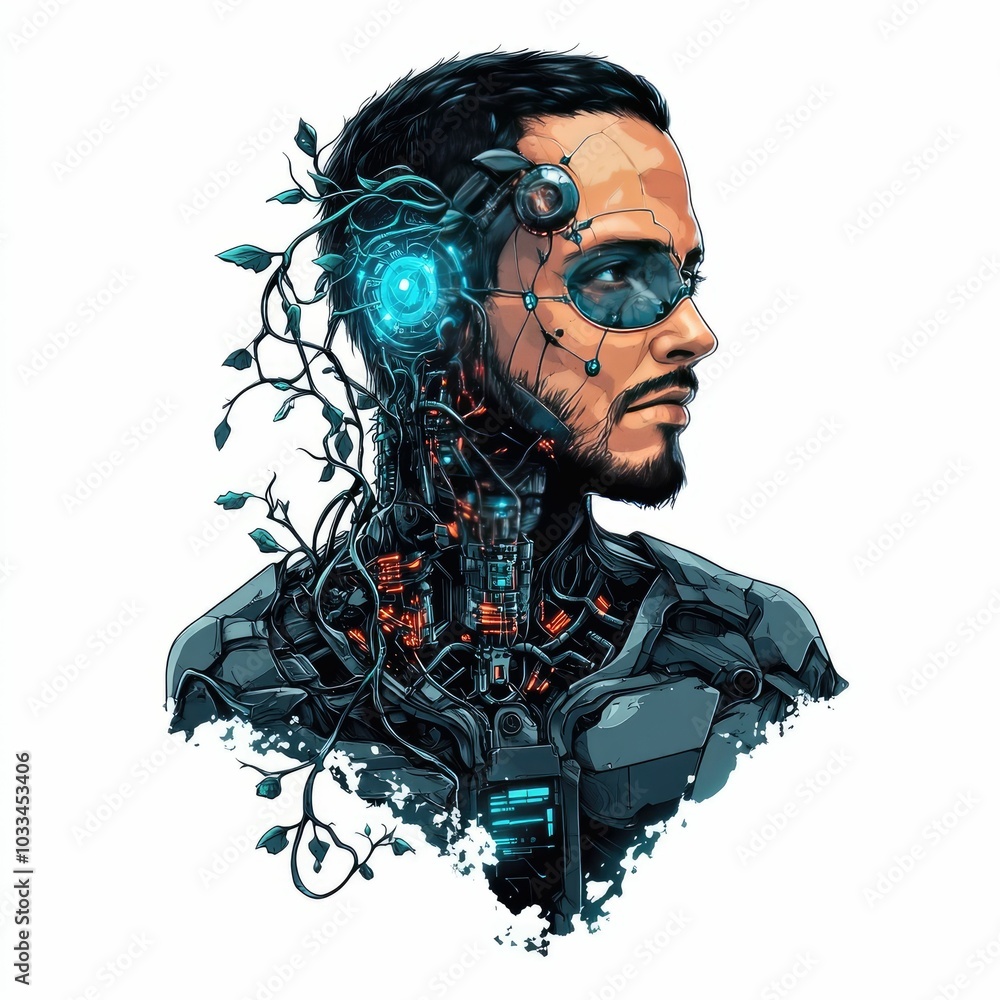 Aufkleber Futuristic biohacker character with organic vines and growths emerging from cyber implants and technological enhancements in a biopunk and experimental digital art design
