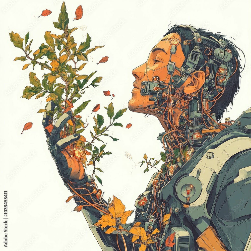 Poster futuristic biohacker controlling cybernetic plants with neural implants in a biopunk inspired experi