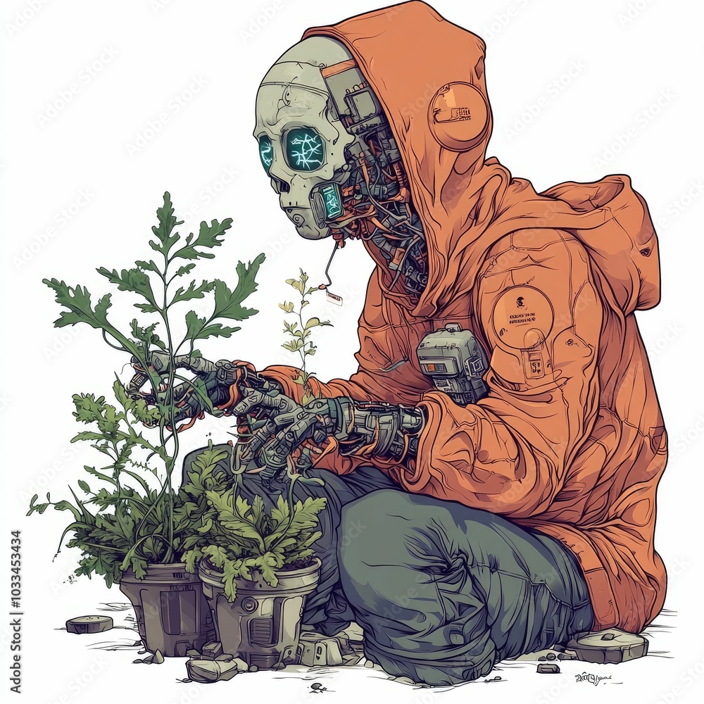 Poster futuristic biohacker wearing a protective suit controlling cybernetic plants with advanced neural im