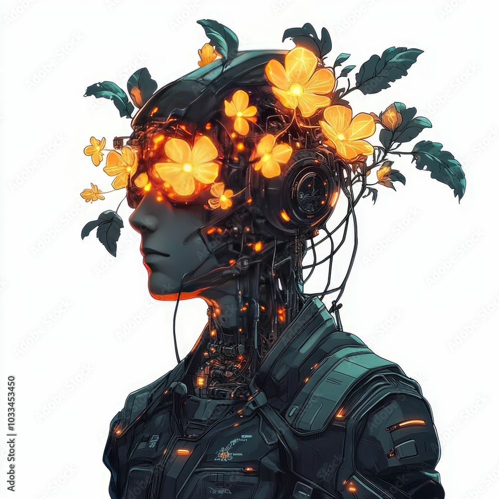 Aufkleber biohacker with glowing mechanical flowers emerging from head biopunk design concept experimental org