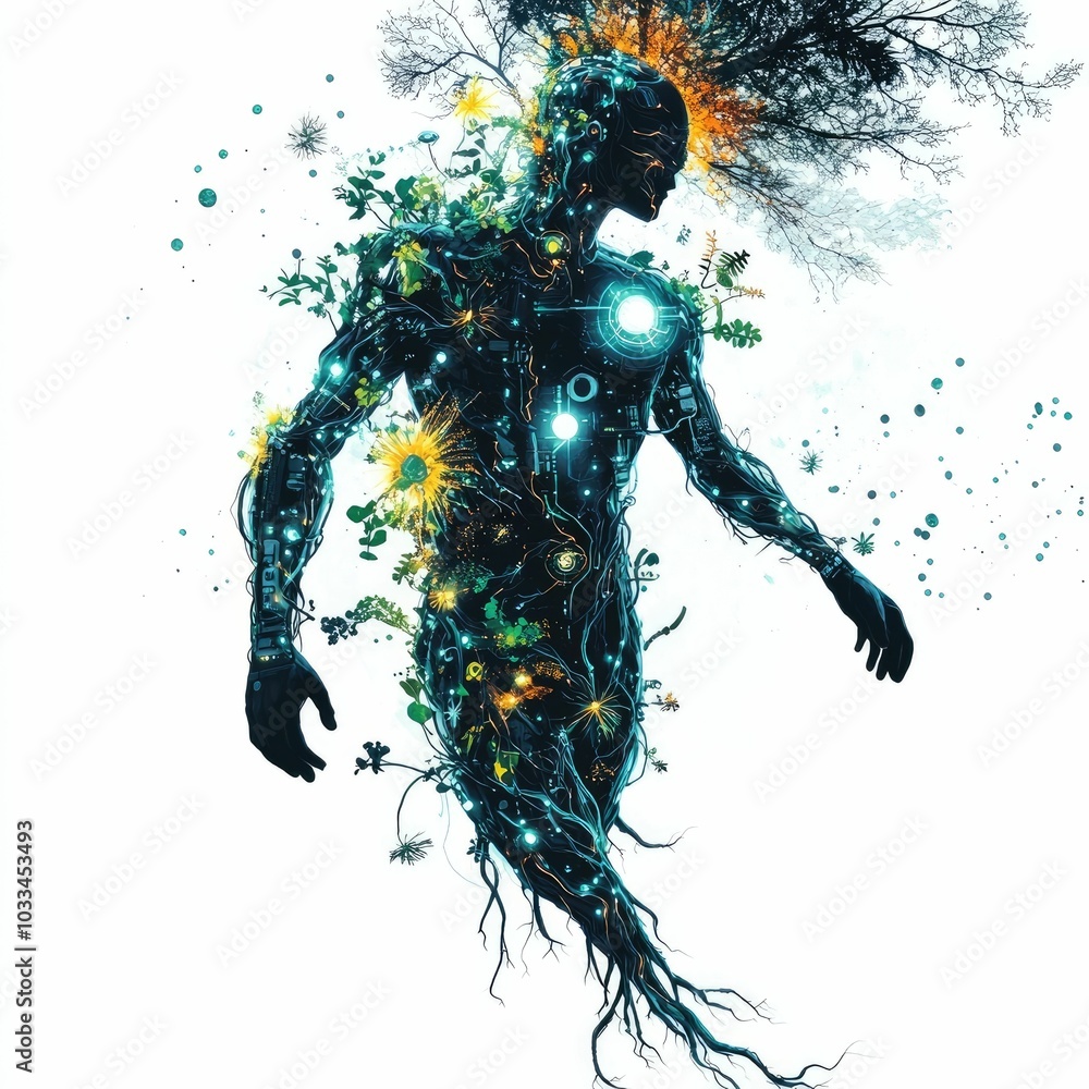 Aufkleber cybernetic figure merging with bioluminescent plants in a biopunk biohacker style showcasing an expe