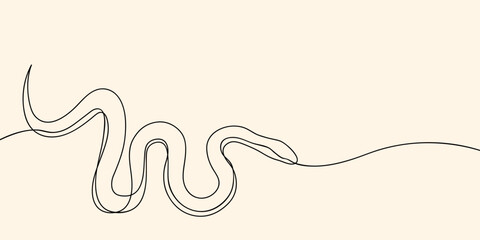 Continuous line drawing of crawling poisonous snake. Minimalist black linear sketch isolated on white background. Hand drawn vector illustration.