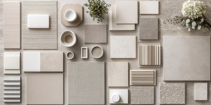 Classic flat lay arrangement featuring a beige and gray color scheme with textile and paint samples, panels, and tiles. Architect and interior designer mood board. Top view. Copy space.